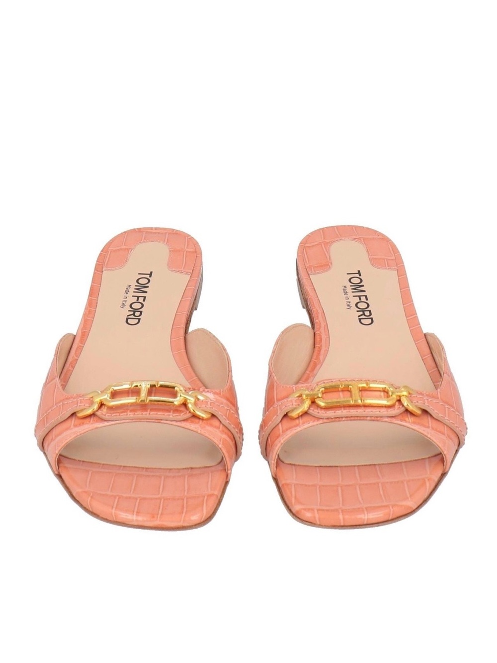 Tom Ford Coral Croc-Embossed Leather Slide Sandals with Gold Chain Accent